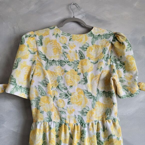 Vintage Country Romance Yellow Floral Polyester Blend Midi Dress Size 14 - Picture 8 of 16